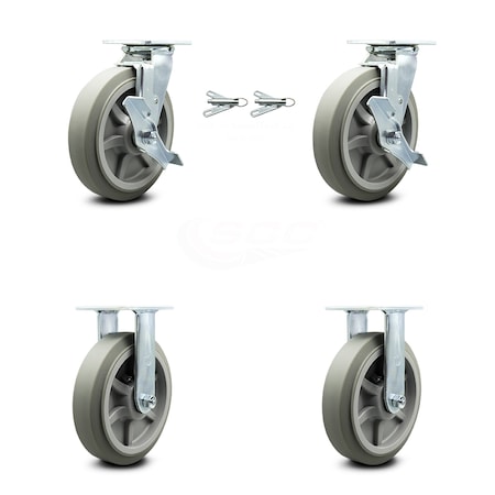 Service Caster 8 Inch Thermoplastic Rubber Caster Set with 2 Brakes/Swivel Lock 2 Rigid SCC SCC-30CS820-TPRBF-TLB-BSL-2-R-2